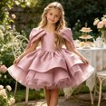 thumbnail image 2 of Girls Satin Mini Princess Dresses Cape Sleeve Neck Ruffle Tiered Gowns for Wedding Birthday Party Evening Ceremony Pink 5-6 Years, 2 of 6