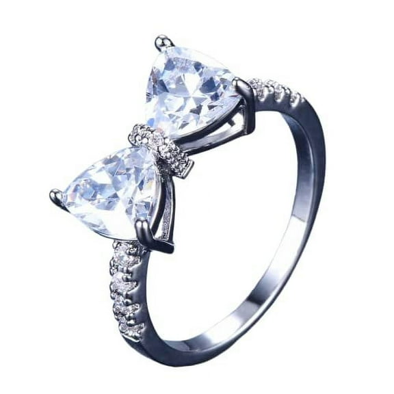 HeartsAndYou 2ct Trillion Cut Moissanite Engagement Ring for Women 18k White Gold over Silver Bow Knot Design