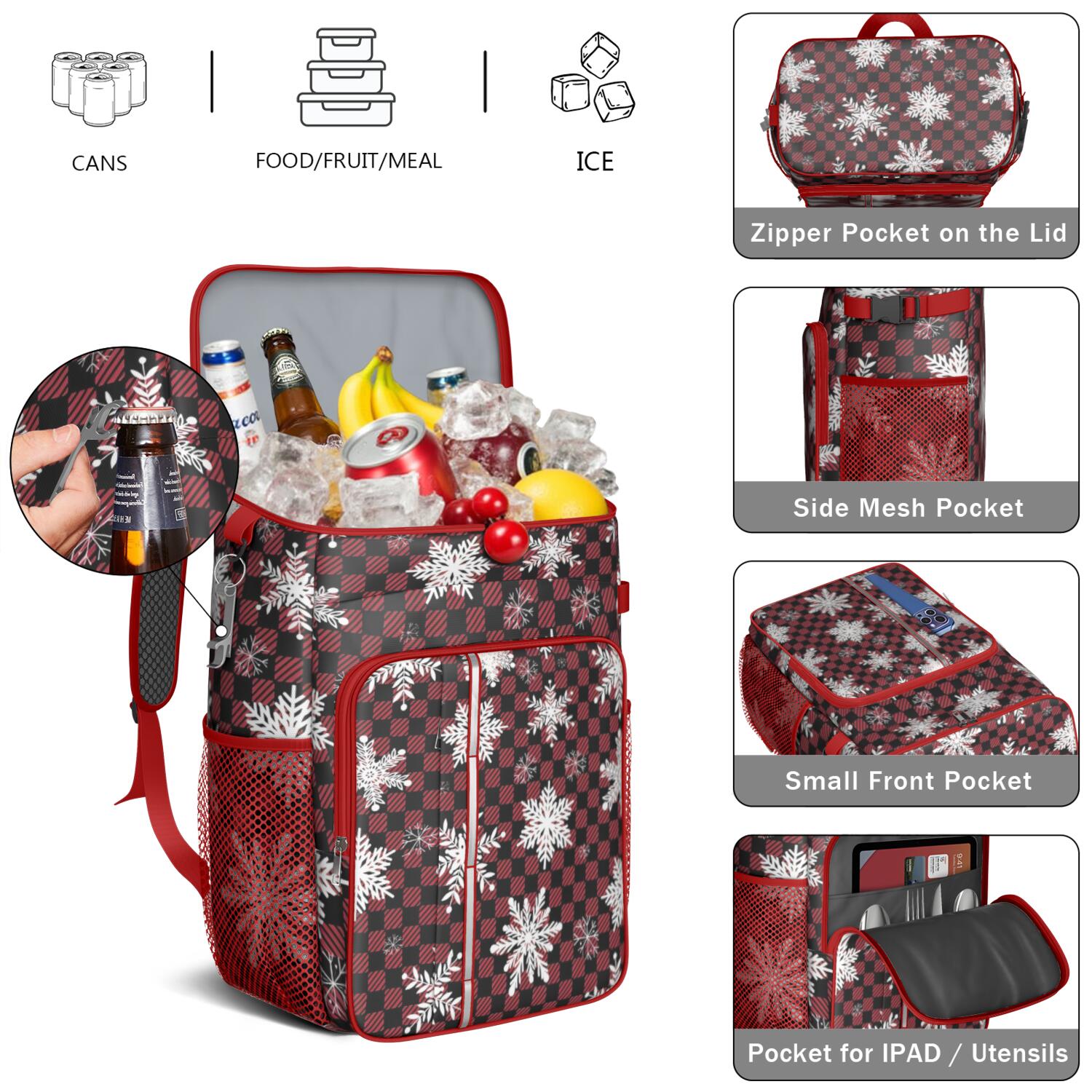 Travel Cooler Bag - Red and Black Checkered Christmas Snowflake Pattern Camping Beer Cooler Backpack with Bottle Opener- Waterproof Insulated Picnic Backpacks - Cooler Bag for Beach