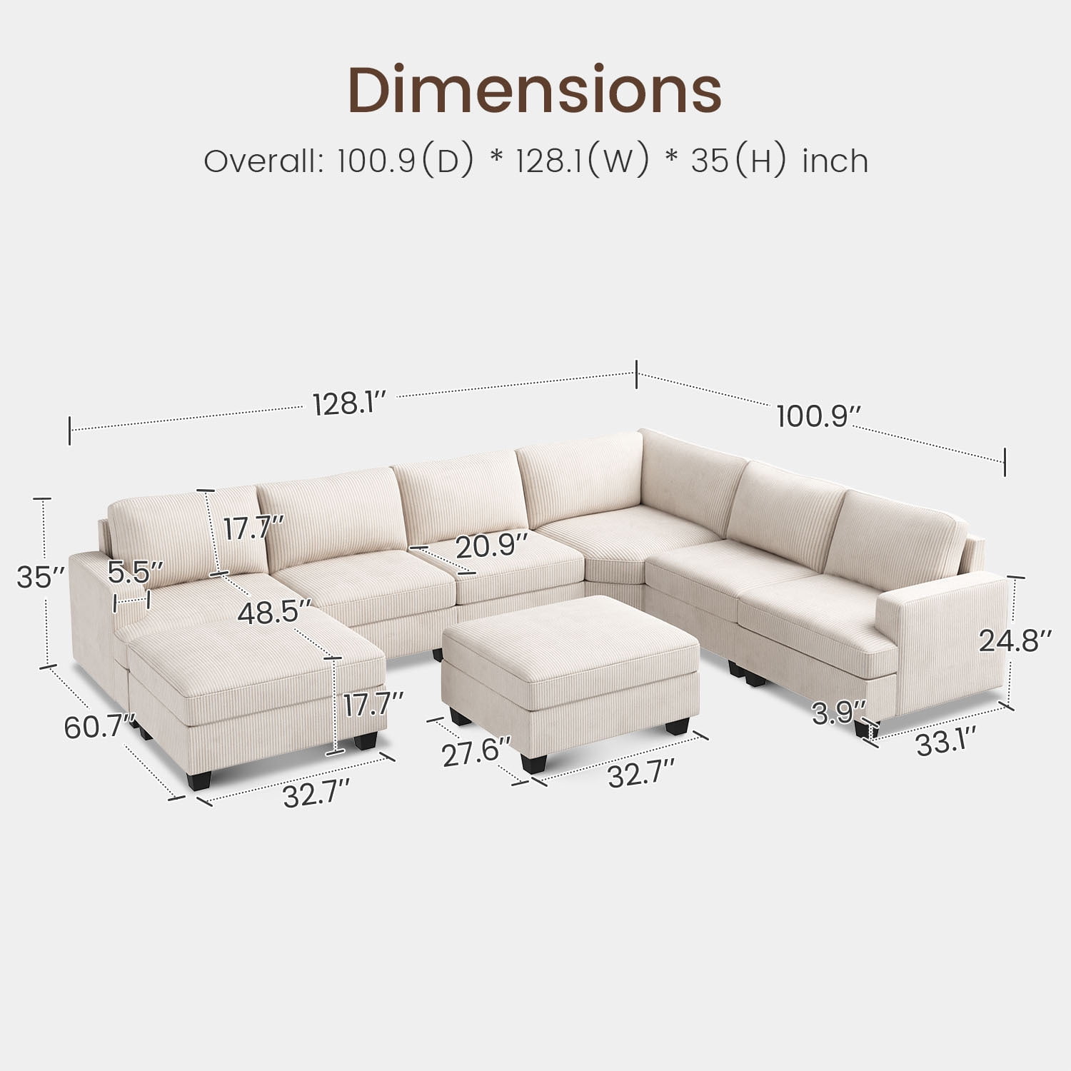 HONBAY 128.1" Modular Sectional Sleeper Sofa Bed Couch Corduroy U Shape with Storage Ottomans for Living Room, Beige