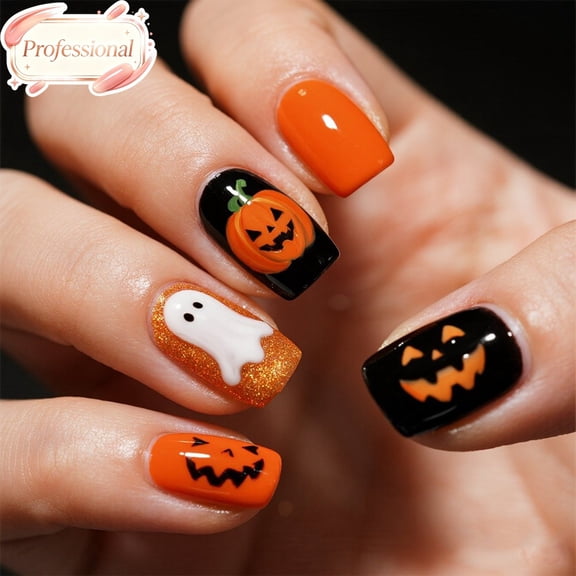 24Pcs Cute Halloween Press On Nails Short Square, Full Cover Fake Nails, Reusable Acrylic Stick On False Nail Tips for Women Girls Halloween Party Cosplay Daily Wear DIY Home Manicure Festive Gift