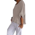 thumbnail image 2 of Round Neck Ruffled Hem Mid-Sleeve Cotton and Linen Top Solid Short Sleeve Blouse Tops,Women T-Shirt Apricot XL, 2 of 7