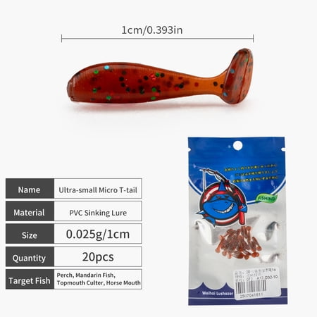 Micro T-Tail Soft Fishing Lure Ultra-small Sinking Bionic Lure 20 Pack 0.39 Inch Micro T Tail for Trout Bass Perch Crappie Freshwater Saltwater Fishing