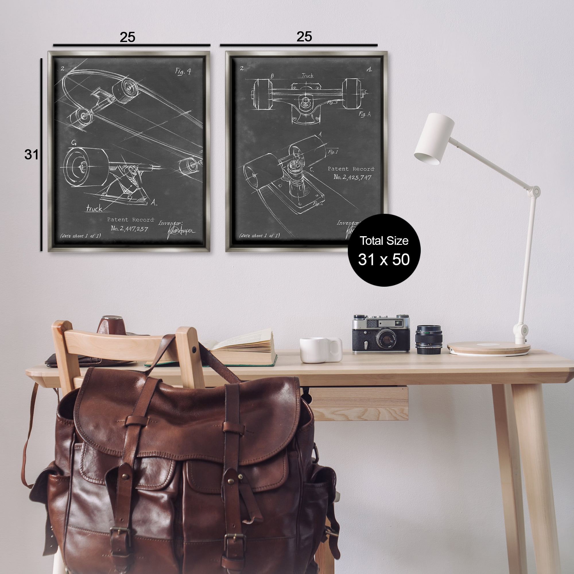 Stupell Industries Patent Diagram of Skateboard Sports Painting Gray Floater Framed Canvas Art Print Wall Art, 31 x 25, Set of 2