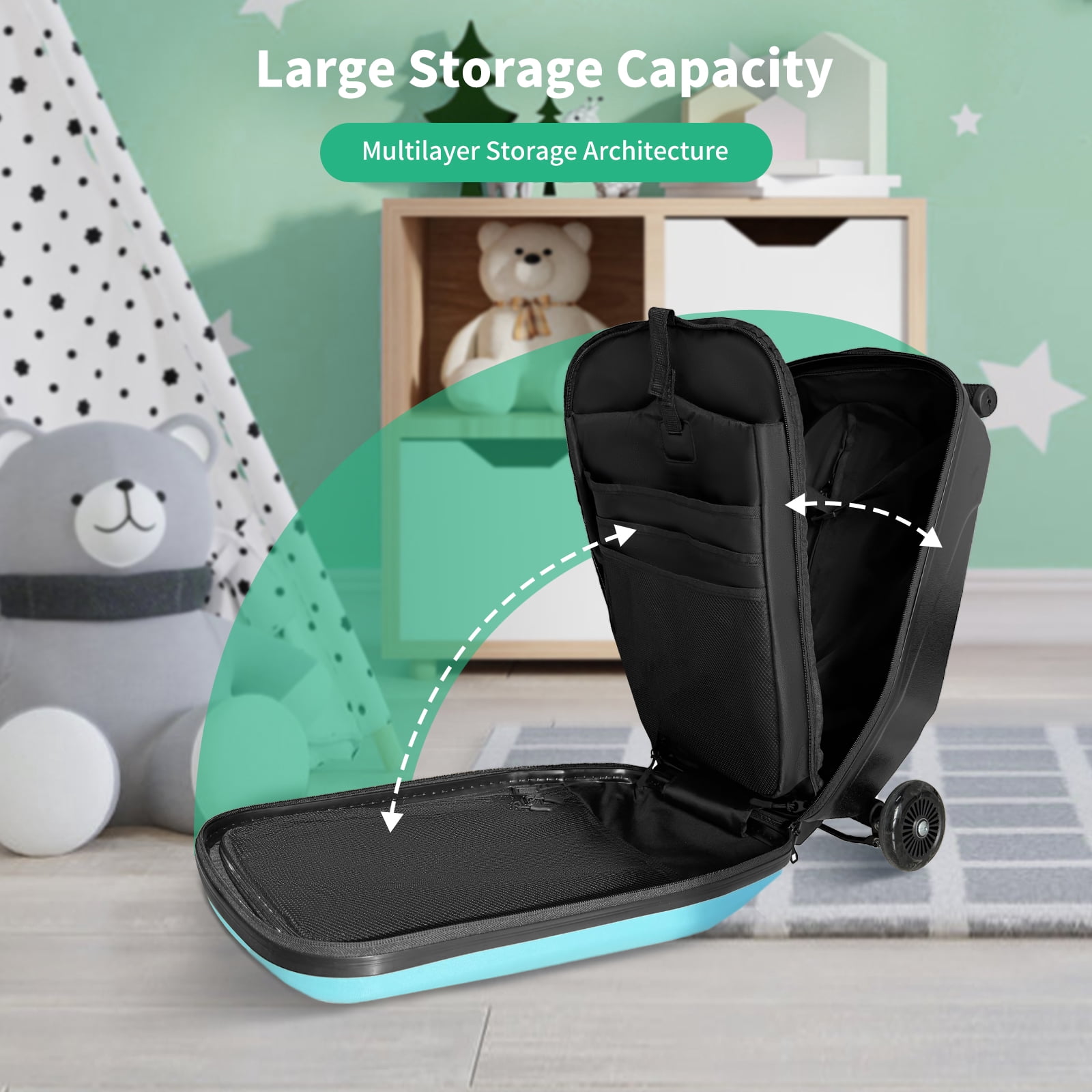TABU Scooter Luggage for Kids & Adults, Carry on Luggage with Wheels for Kids Ages 6-15,Blue