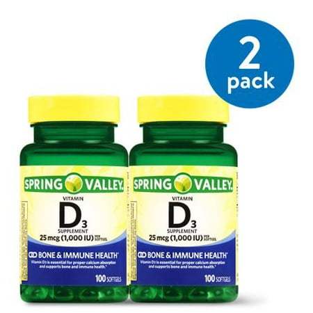 (2 Pack) Spring Valley Vitamin D3 Softgels, 1000 IU, 100 Ct, 2 (Best Vitamin D3 Supplement Brand)
