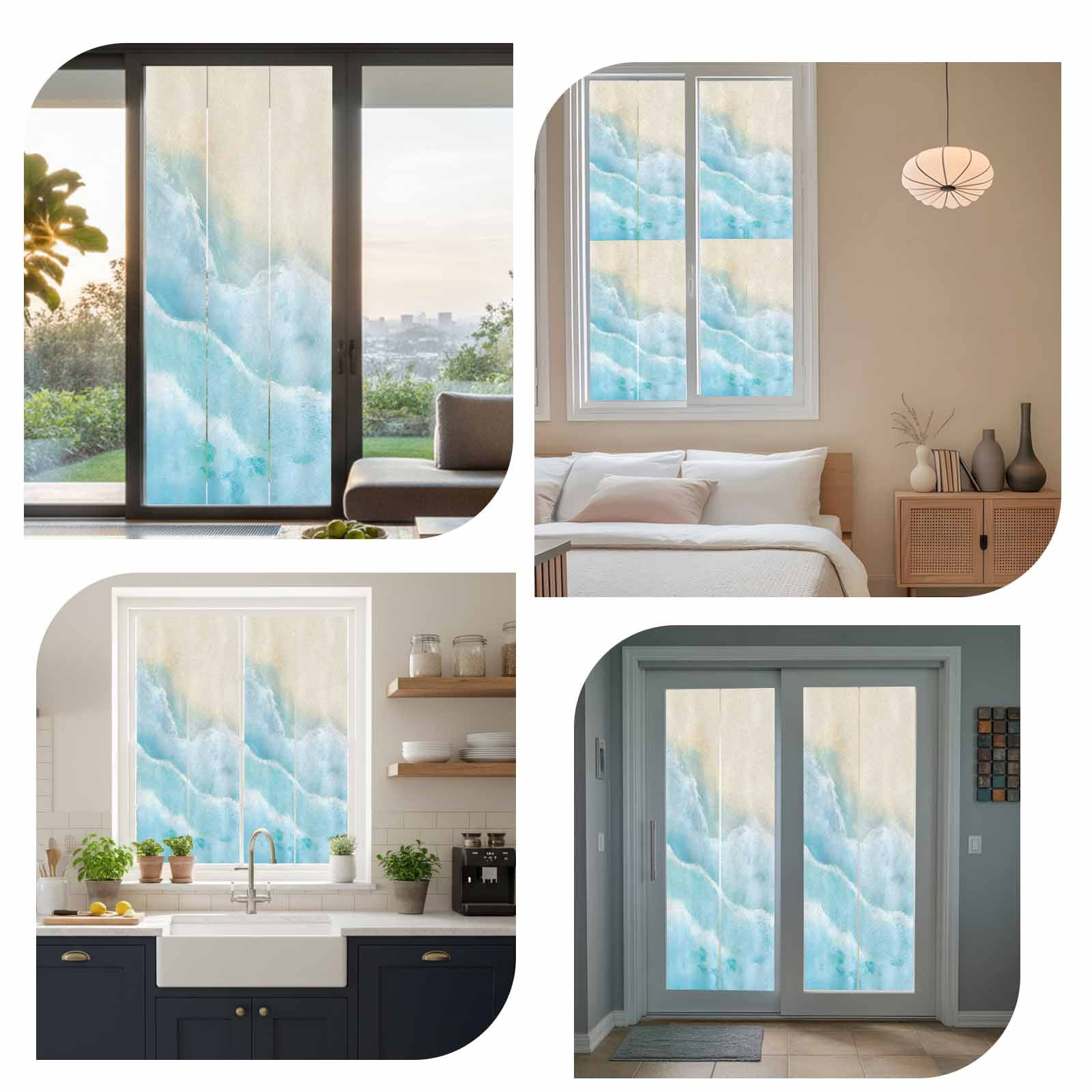 Ocean Beach Window Privacy Film, Gradient Blue Ocean Waves Beige Beach Frosted Glass Window Clings Static Cling UV Heat Blocking Reusable Door Sticker for Bathroom 29.5 x 118 Inch