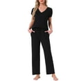 thumbnail image 1 of Pijamas para mujer INSPIRE CHIC, camiseta de cuello en V de manga corta con pantalones de tiro ajustable, conjuntos de ropa de dormir impresos con bolsillos, XL negro, 1 of 6