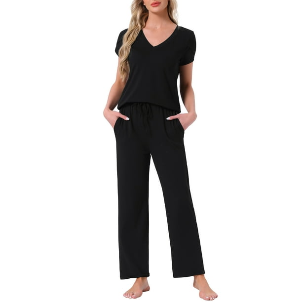 Pijamas para mujeres INSPIRE CHIC, camiseta de cuello en V de manga corta con pantalones de tiro ajustable, conjuntos de lounge impresos con bolsillos M negro