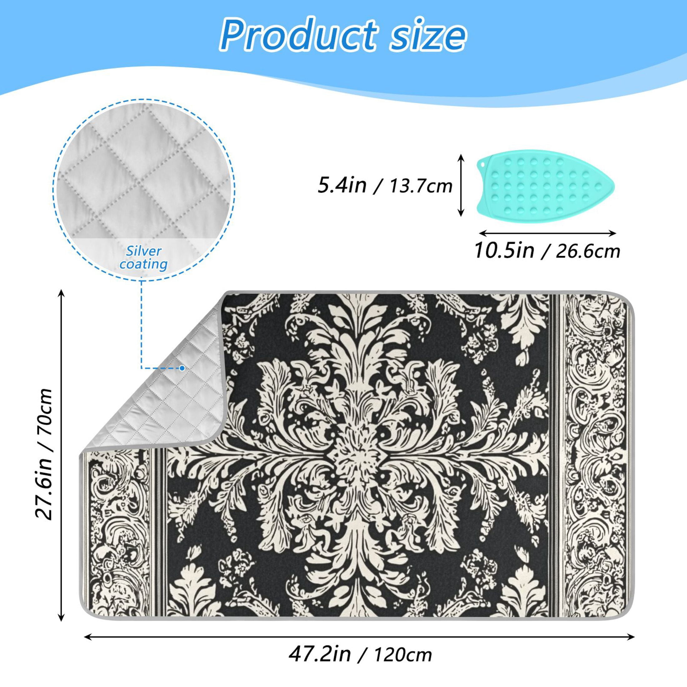 Black and White Paisley Flowers Pattern Ironing Mat Blanket Portable Travel Ironing Pad Heat Resistant Pad 47.2" x 27.6”