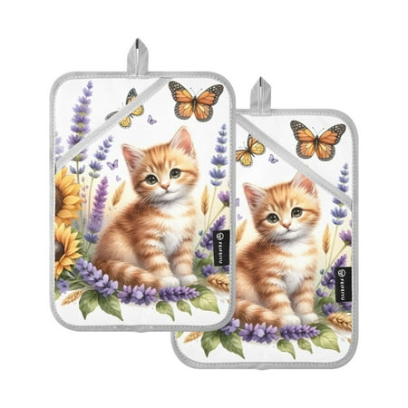 

Cute Ginger Cat and Lavender Flowers Oven Mitts 2 Pcs Pot Holders Sets Heat Resistant for Kitchen Cooking Baking 7 x9.8