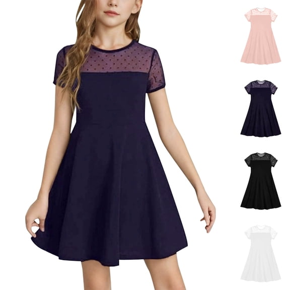 HJYCHN Girls Dresses Short Sleeve Mesh Stitching Dress with A Line Skirt for Back to School Clothes 10-12 Years