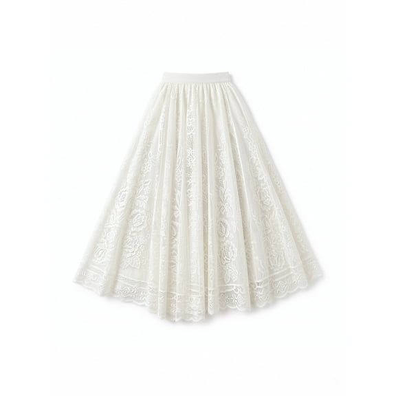 Women's High Waisted Floral Lace Midi Skirt Elegant A-Line Flared Tea Length Bottom for Bridal Shower Wedding Guest and Brunch