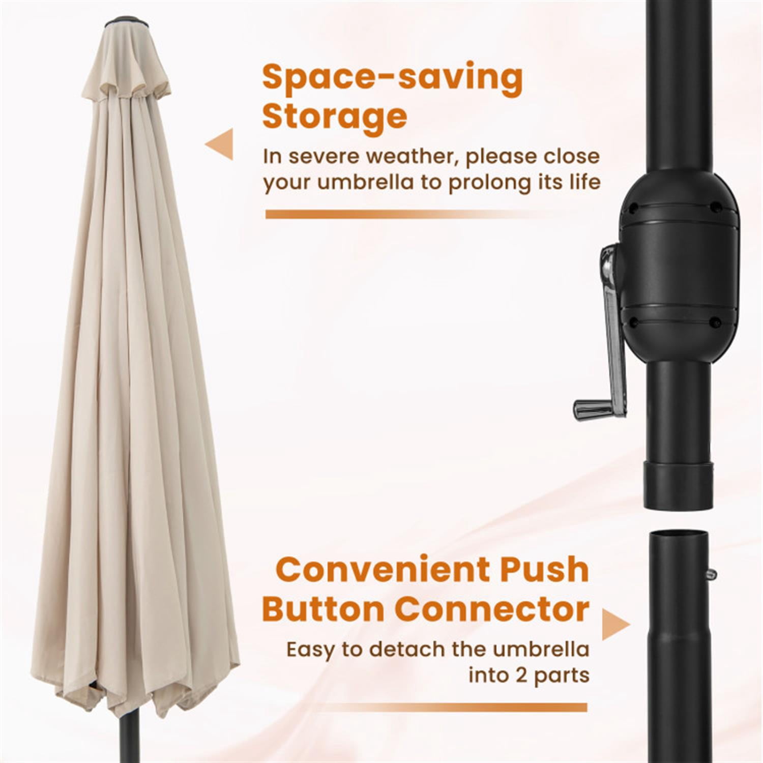 Demi Bonn 12 Feet Outdoor Patio Umbrella with Crank Handle and 8 Sturdy Ribs, Outdoor Table Umbrella, Yard Umbrella, Beige