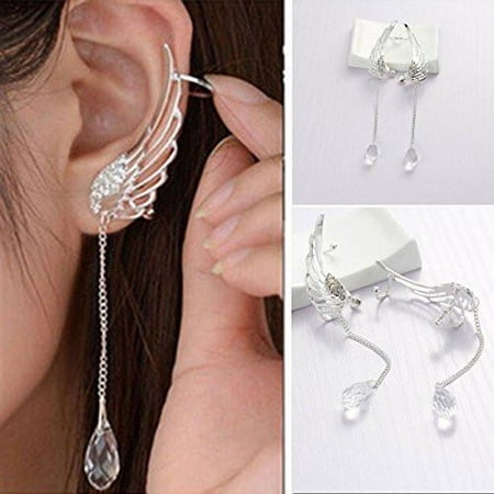 Sexy Sparkles Angel Wing Ear Cuff Clip On Stud Wrap Earrings Tassel With Clear (Best Way To Clean Earrings)