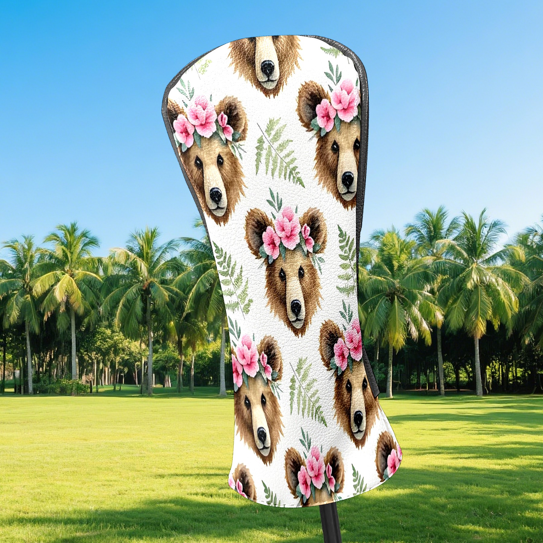 Golf Club Covers, Brown BearFlower Premium PU Leather Driver Hybrid Putter Head Covers with Velvet Lining, Waterproof Golf Gifts for Men Women
