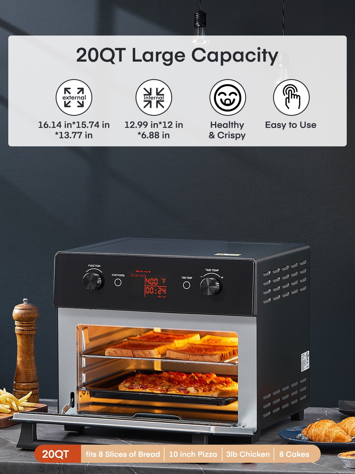 ECOWELL Air Fryer Toaster Oven Combo, 15-in-1 Airfryer Toaster Ovens  Countertop, 26.4 QT Stainless Steel Air Fryers Convection Oven, for 360°  Even 