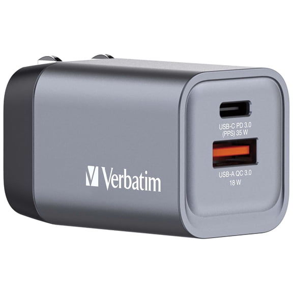 Verbatim 35W GaN Fast Wall Charger, 2-Port USB-C and USB-A Travel Charger