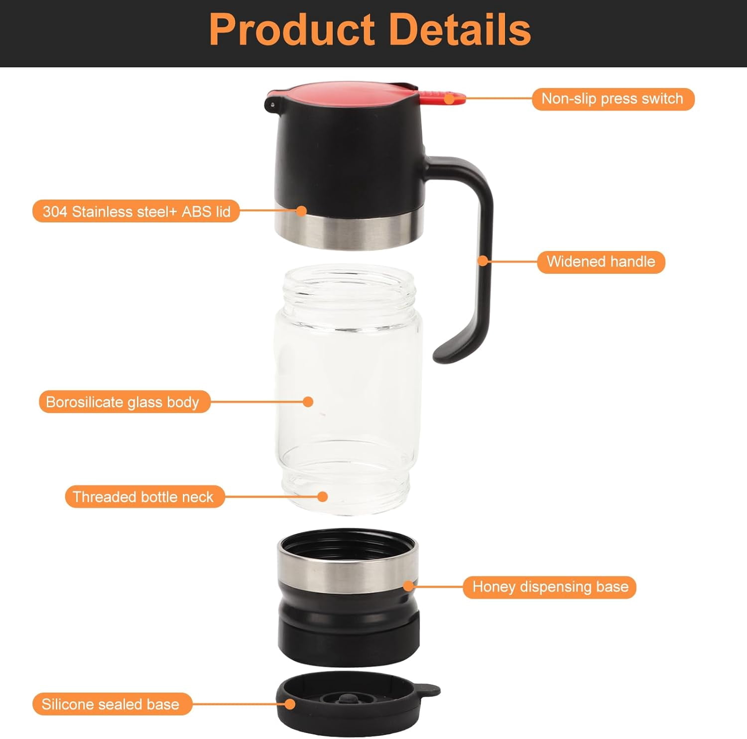 Glass Honey Dispenser with Stand – No-Drip Refillable Syrup Server for Honey, Agave and Salad Dressing