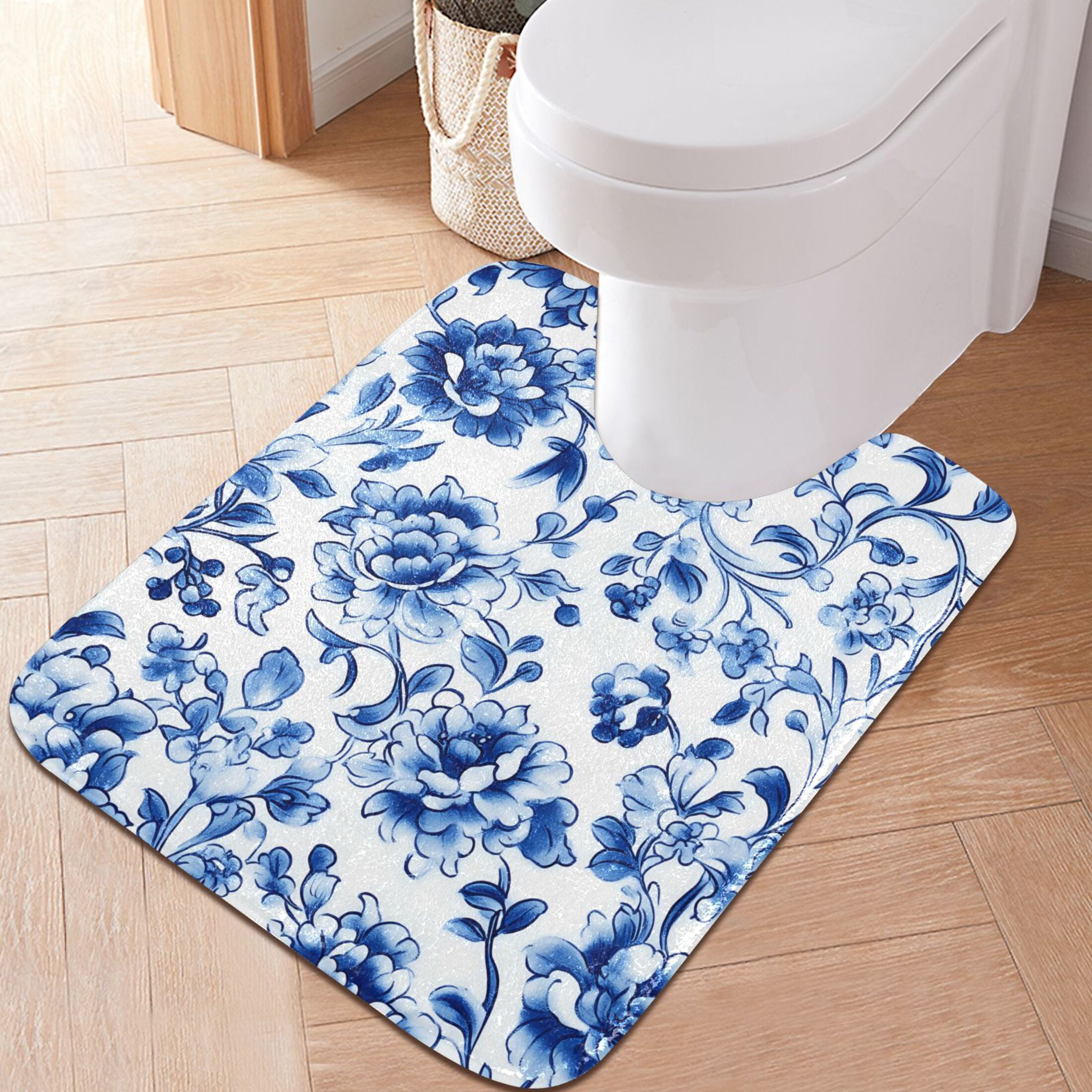 Toilet Rug Set Non-Slip Bathroom Rugs Soft Plush Machine Washable Contour Bath Mat Blue and White Porcelain Floral 24x20/24x16