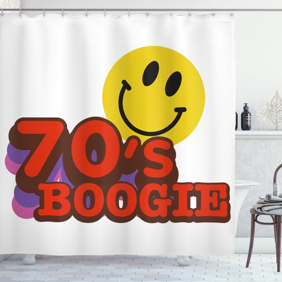 70s Party Shower Curtain, Seventies Boogie Funny Smiling Emoticon Humorous Amusing Vibrant Print, Fabric Bathroom Set with Hooks, 69W X 75L Inches Long, Yellow Red Purple, by Ambesonne