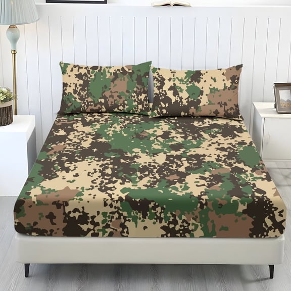 Xixirimido Camouflage Army Green Print Sheet Set Comfy Easy Care 3 Pieces Bedding Set 1 Fitted Sheet & 2 Pillowcases, All Around Elastic Bed Sheet for Women Men, King Size