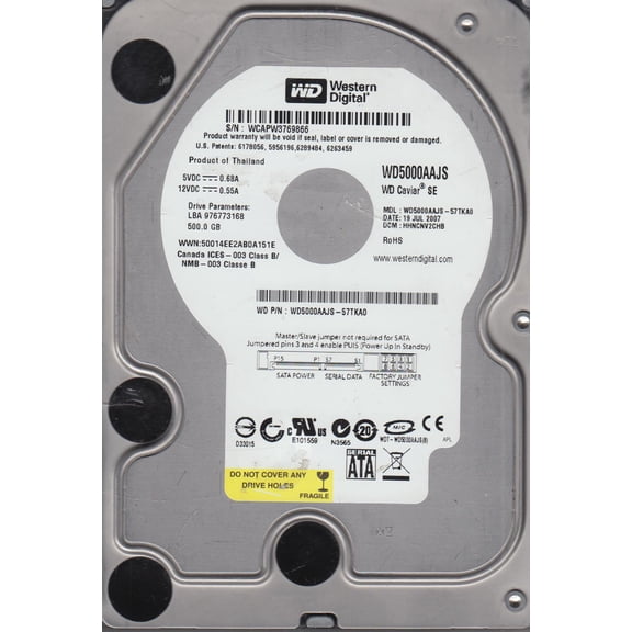 WD5000AAJS-57TKA0, DCM HHNCNV2CHB, Western Digital 500GB SATA 3.5 Hard Drive