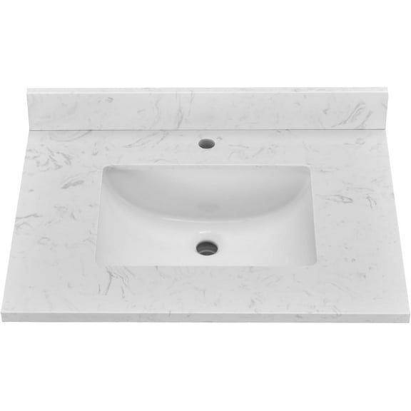 30 x 22 Engineered Stone Vanity Top, White Vanity Sink Top with Undermounted Rectangular Middle Sink & Backsplash Countertop, One Faucet Holes for Vanity Top with Sink