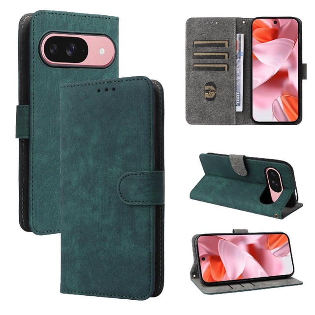 Phone Wallet Case for Google Pixel 10 with Stand - Leather Folio Cover & Card Slots Green