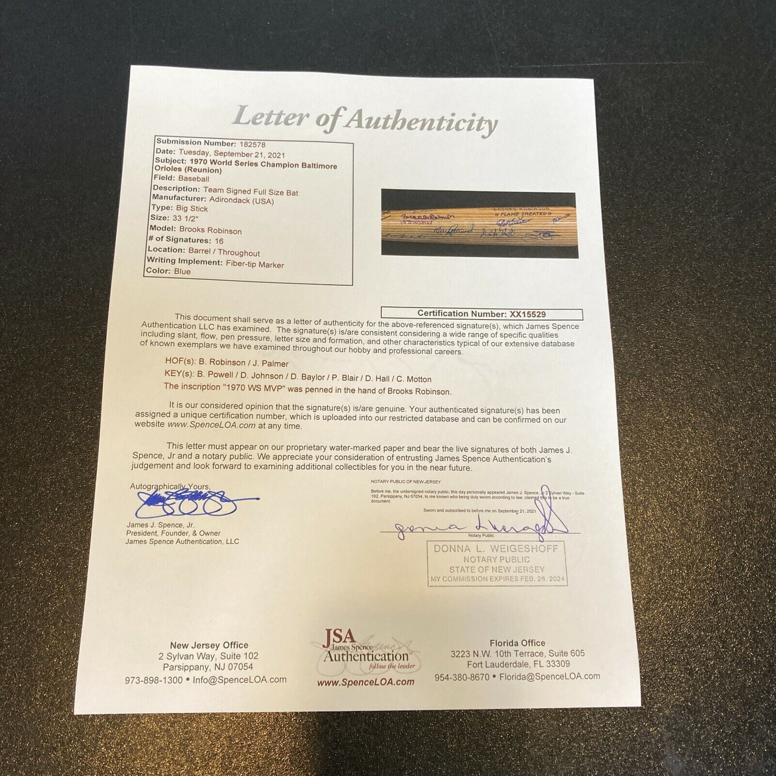 1970 Baltimore Orioles World Series Champs Team Signed Baseball Bat With JSA COA