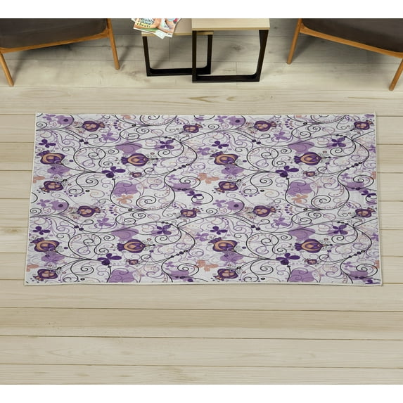 Floral Decorative Rug, Abstract Dreamy Illustration of Flowers and Butterflies Swirling Design Branches, Quality Carpet for Bedroom Dorm and Living Room, 6 Sizes, Mauve White, by Ambesonne