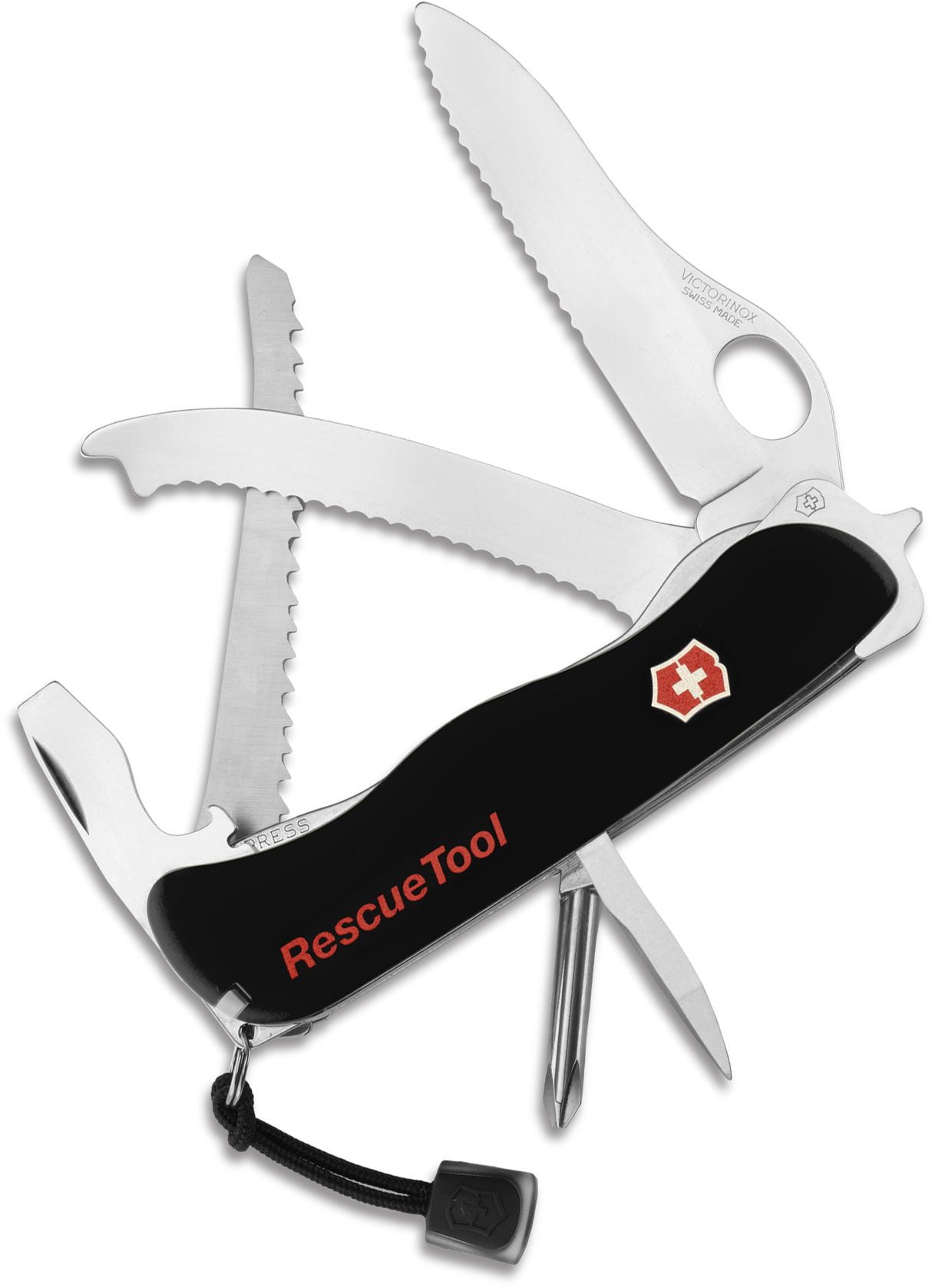 Victorinox Swiss Army Rescue Tool Pocket Knife with Pouch + Pocket Knife  Sharpener + Cleaning Cloth - Top Value Bundle! (Black) 