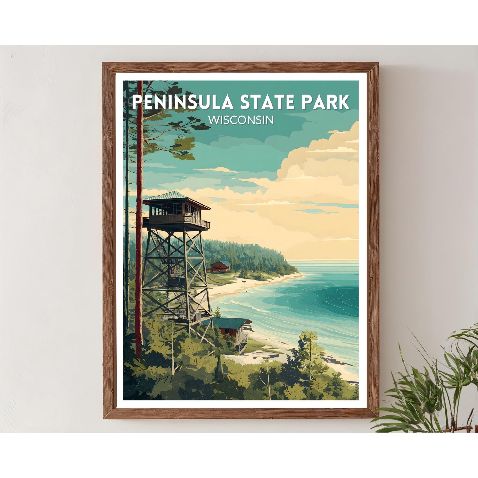 Peninsula State Park Wisconsin Retro Travel Mid Century Modern Vintage Landscape Art North American Travel Wall Art Poster , Poster Print Only