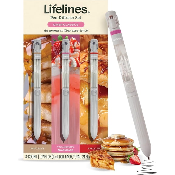 Lifelines Diner Classics Scented Pen Diffuser Set, 1mm Black Ballpoint Pens with Scented Essential Oil Blends, 3 Pack