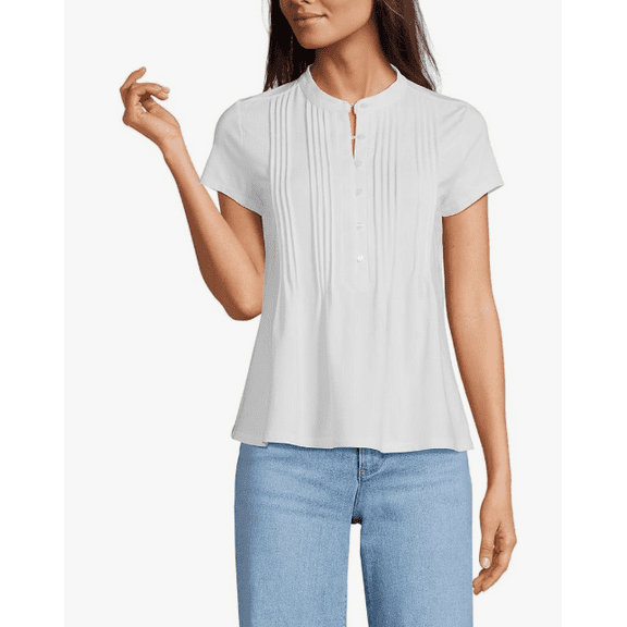 Lands' End Women's Short Sleeve Lightweight Jersey Button Pintuck Top White Large