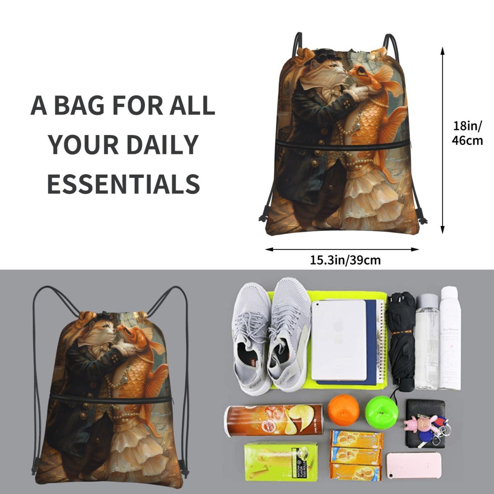 Xecao Cat Fish Dance Vintage for Drawstring Bags,Pull String Backpack Bags,String Bag Sackpack
