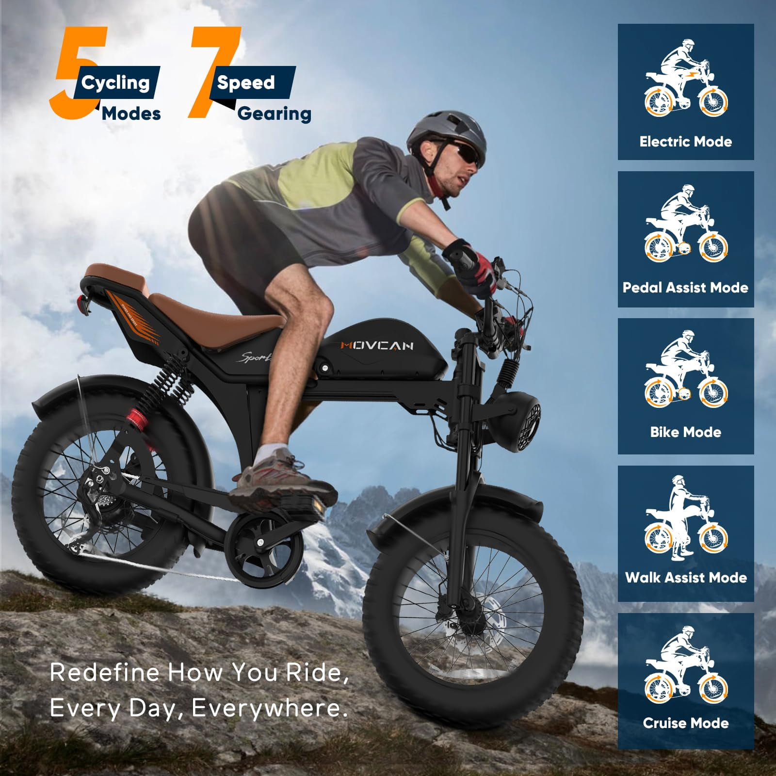 Movcan V70 Electric Bike for Adults, Peak 2500W 35mph 52V 23.4Ah Mountain Ebike,20" Fat Tire Full Suspension UL2849