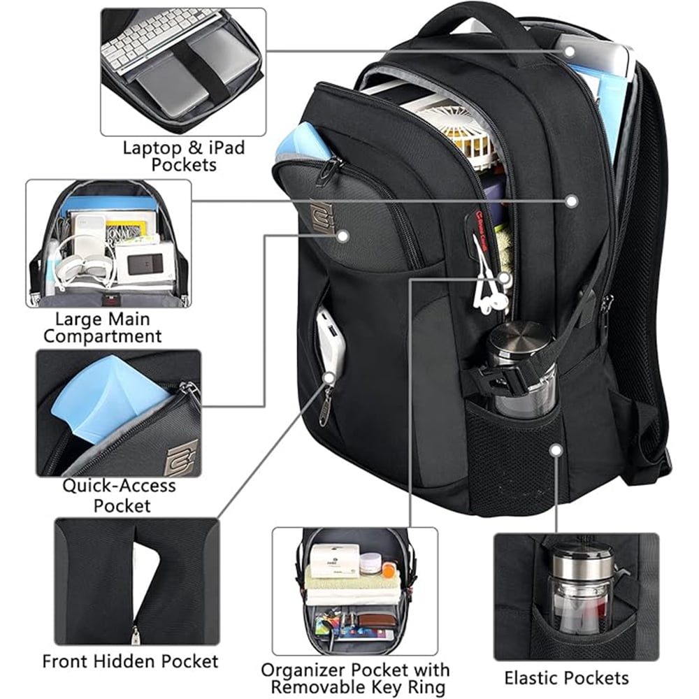 UKEIN Backpack for Adults Black Backpack with USB Charging Port Laptop Backpack Water Resistant Work Business Backpack for Men