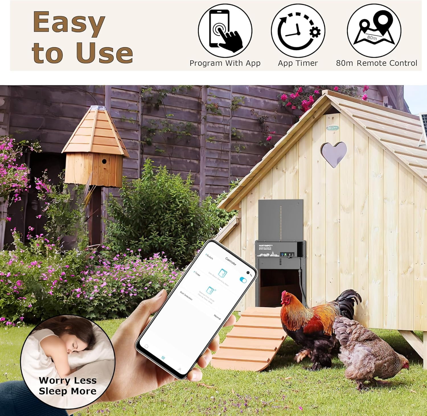 HARTOMPET Automatic Chicken Coop Door – Aluminum Weatherproof Door with Anti-Pinch Sensor, App Control, Plug & Play Installation