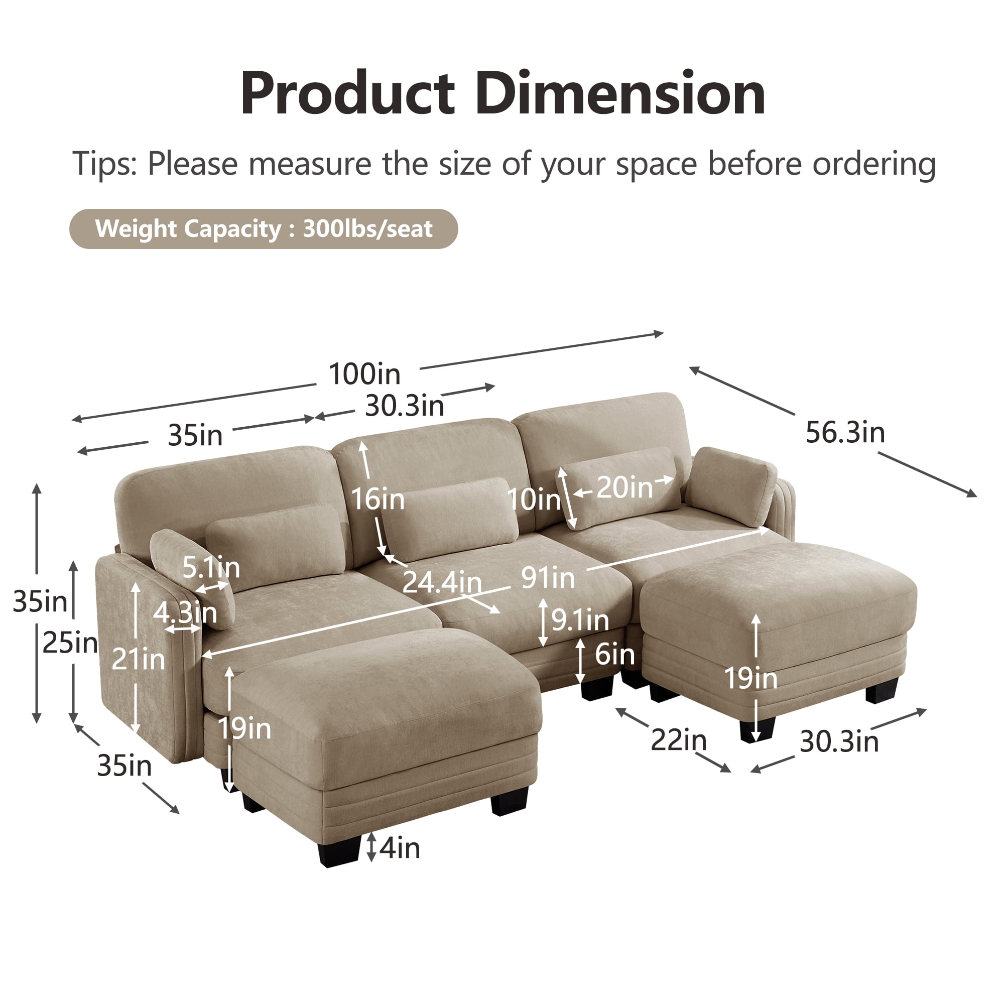 100" U-shaped Tufted Modern Modular Sectional 3 Seater Sofa Couch with 2 Ottomans and 5 Pillows