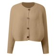 thumbnail image 4 of Wang6 Women Lightweight Cropped Cardigans Sweaters Trendy Long Sleeve Button down Knit Sweater Fall Crew Neck Striped Embossing Knitted Outwear Tops Khaki One Size, 4 of 5