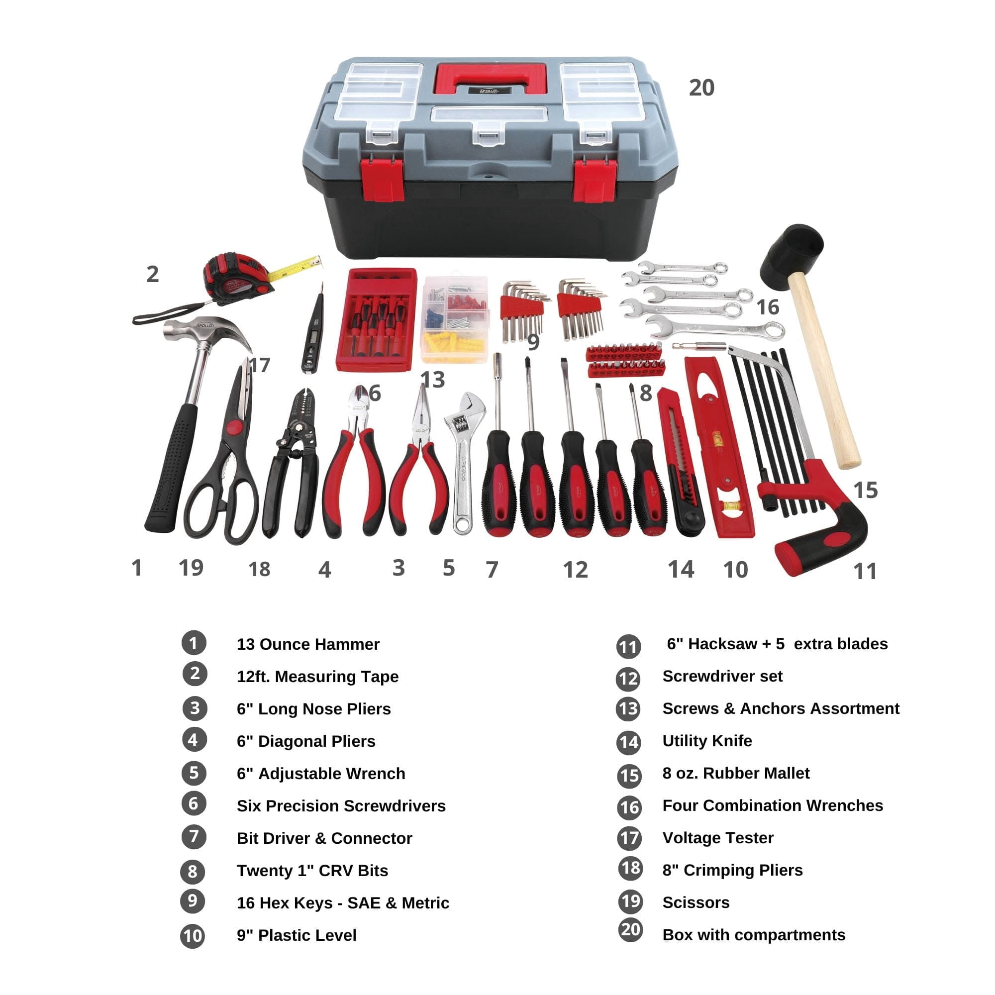 Apollo Tools 170 Piece Household Tool Kit with New and Improved Tool Box RED - DT7103