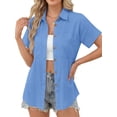 thumbnail image 3 of Fantaslook Womens Button Down Shirts Cotton Linen Short Sleeve Shirt Lapel Work Blouses Casual Summer Tops with Double Pockets, 3 of 11