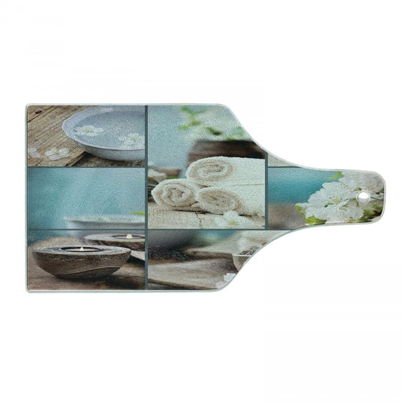 Spa Cutting Board, Far East Close to Your Heart Massage Theme Collage Oils Candles Flowers Print, Decorative Tempered Glass Cutting and Serving Board, Wine Bottle Shape, Blue and White, by Ambesonne