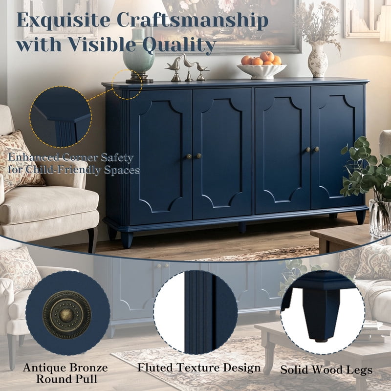 Vintage Farmhouse Buffet Sideboard Cabinet, 4 Embossed-Door Storage Cupboard, Versatile Cabinet with Adjustable Shelf