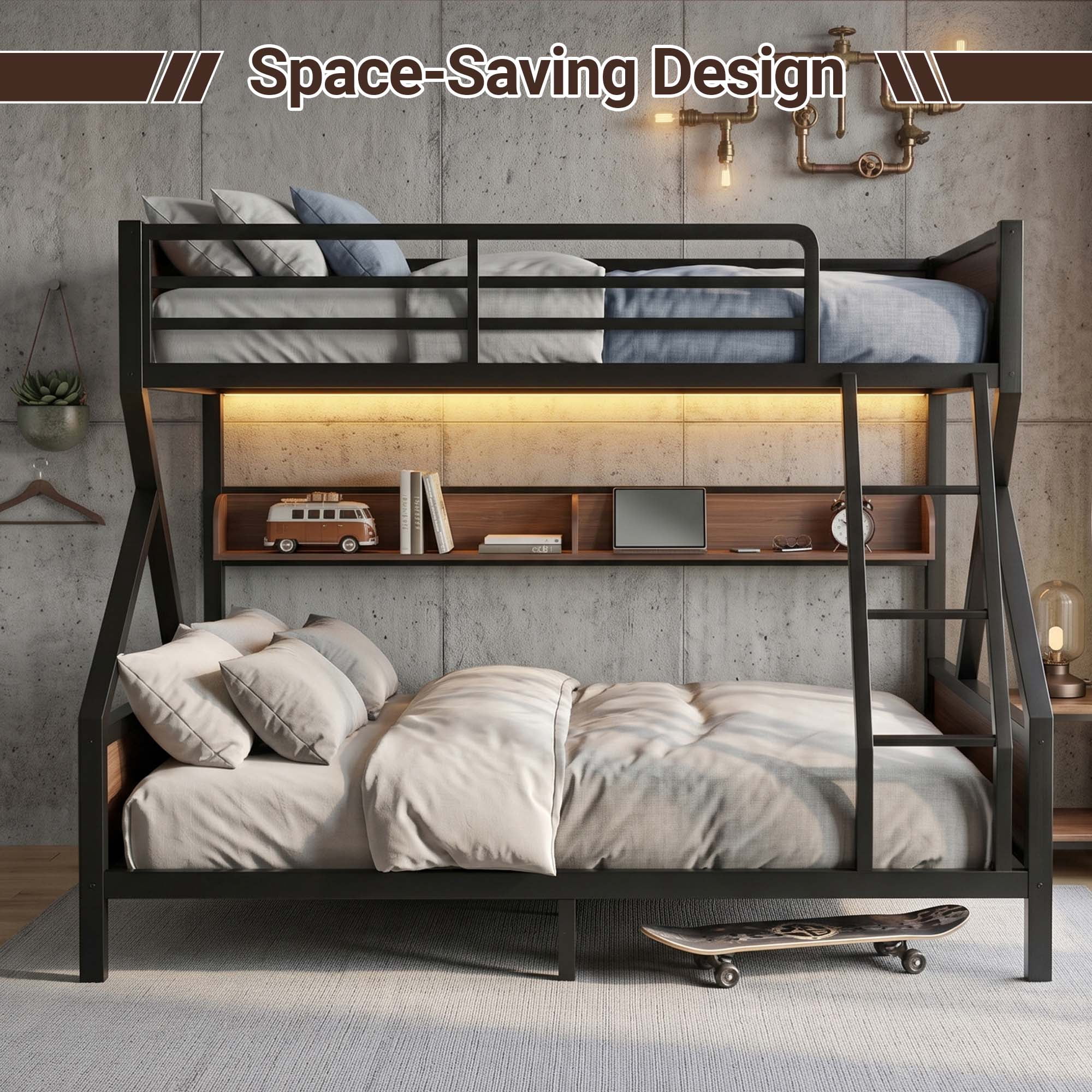 Miniyam Twin over Full Bunk Bed with Storage Shelf and LED Light, Metal & Wood Frame, Black