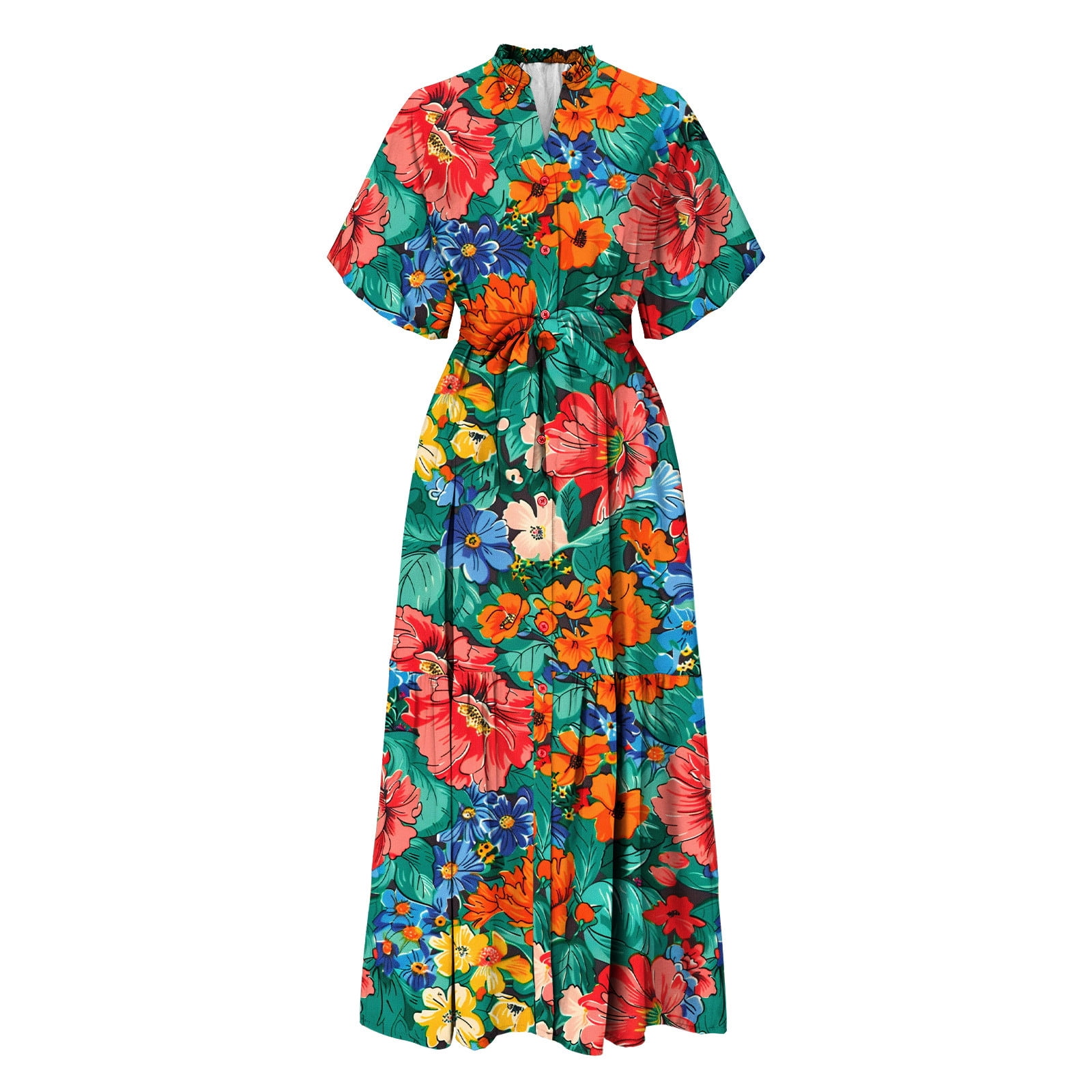 Weiqiqre Summer Dresses for Women Floral V Neck Puff Sleeve Empire Waist A Line Flowy Long Beach Boho Dress