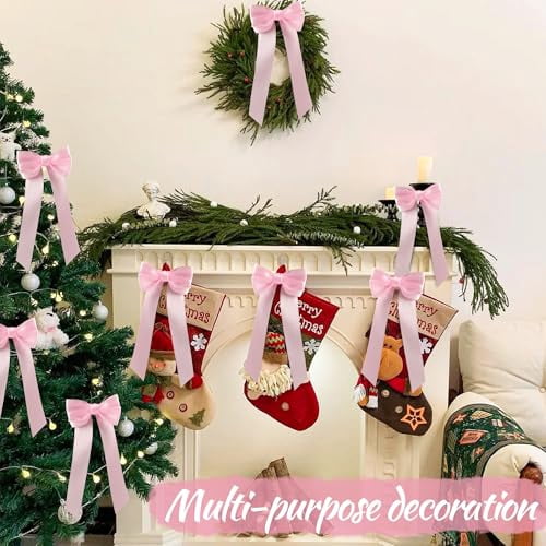 24pcs Double-Sided Twist Tie Bows for Christmas Tree Decorations, Pink Ribbon Bows for Holiday Party, Gift Bag Ties and Festive Decor