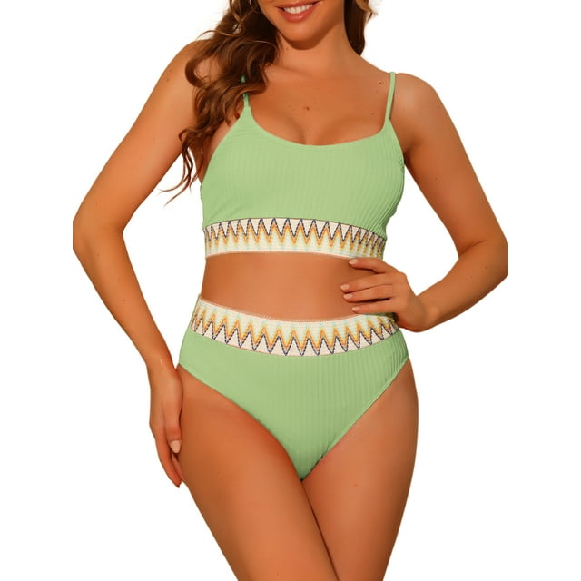 Conjuntos de bikini de dos piezas de talle alto con canalé para mujer, con tirantes ajustables, traje de baño, color verde claro grande