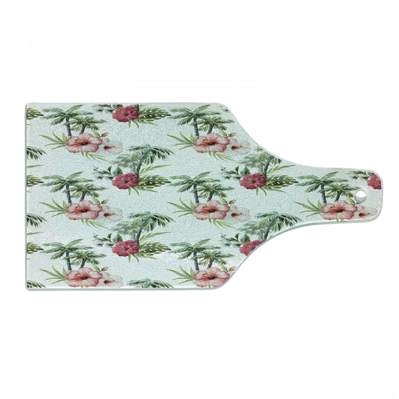 Hawaii Cutting Board, Aquarelle Effect Palm Trees Hibiscus Flowers Romantic Summer Bloom, Decorative Tempered Glass Cutting and Serving Board, Wine Bottle Shape, Reseda Green Pale Pink, by Ambesonne